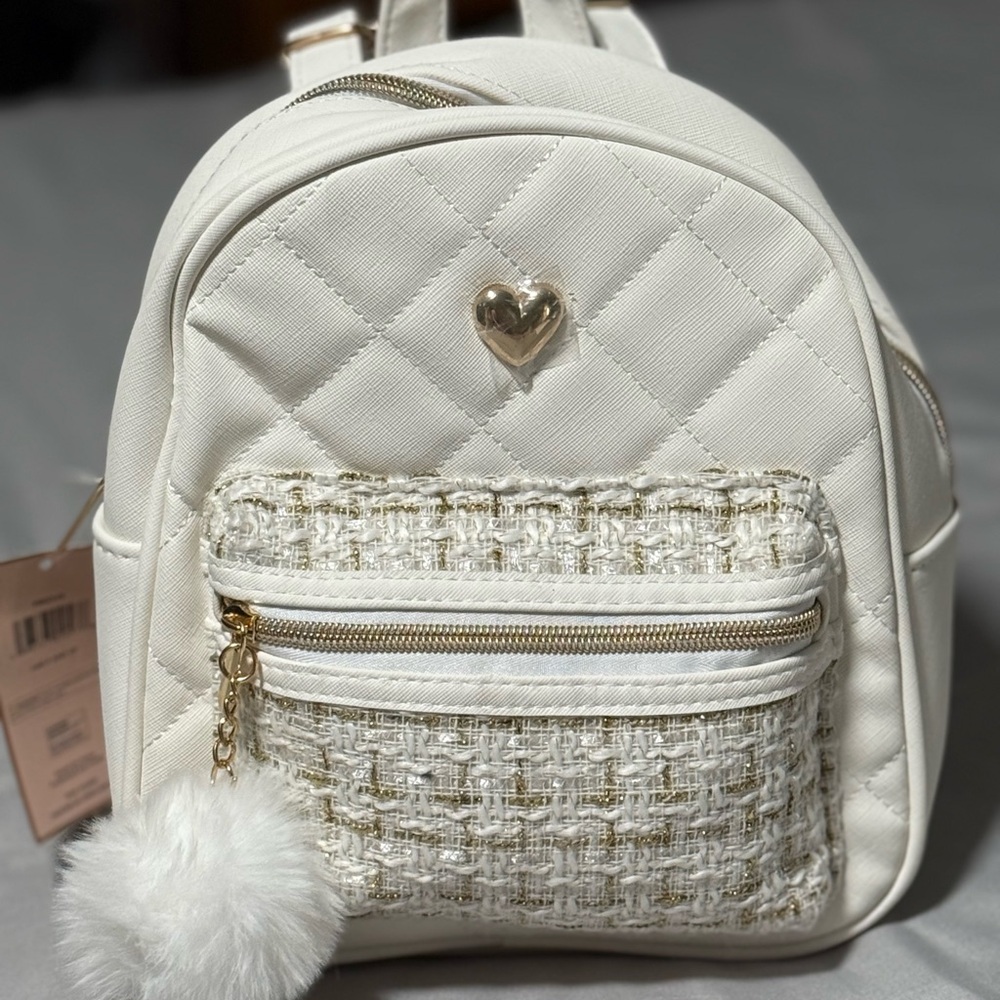 White and Gold Quilted Mini Backpack with Heart Emblem